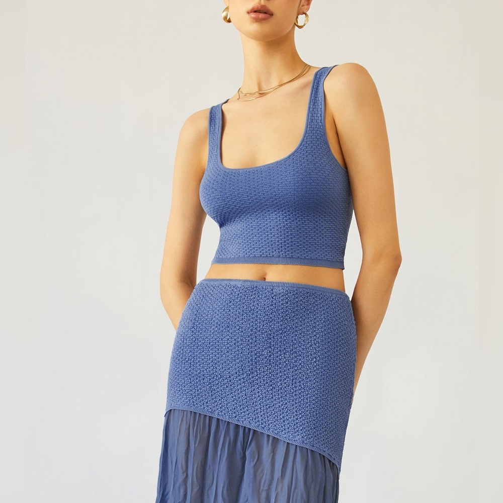 Matching 2 piece top & skirt set- blue drop waist midi skirt & stretchy knit top - Picture 11 of 13